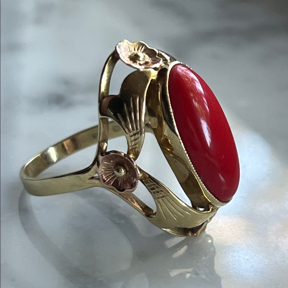 14k Yellow and Rose Gold Mediterranean Red Coral Custom made Ring